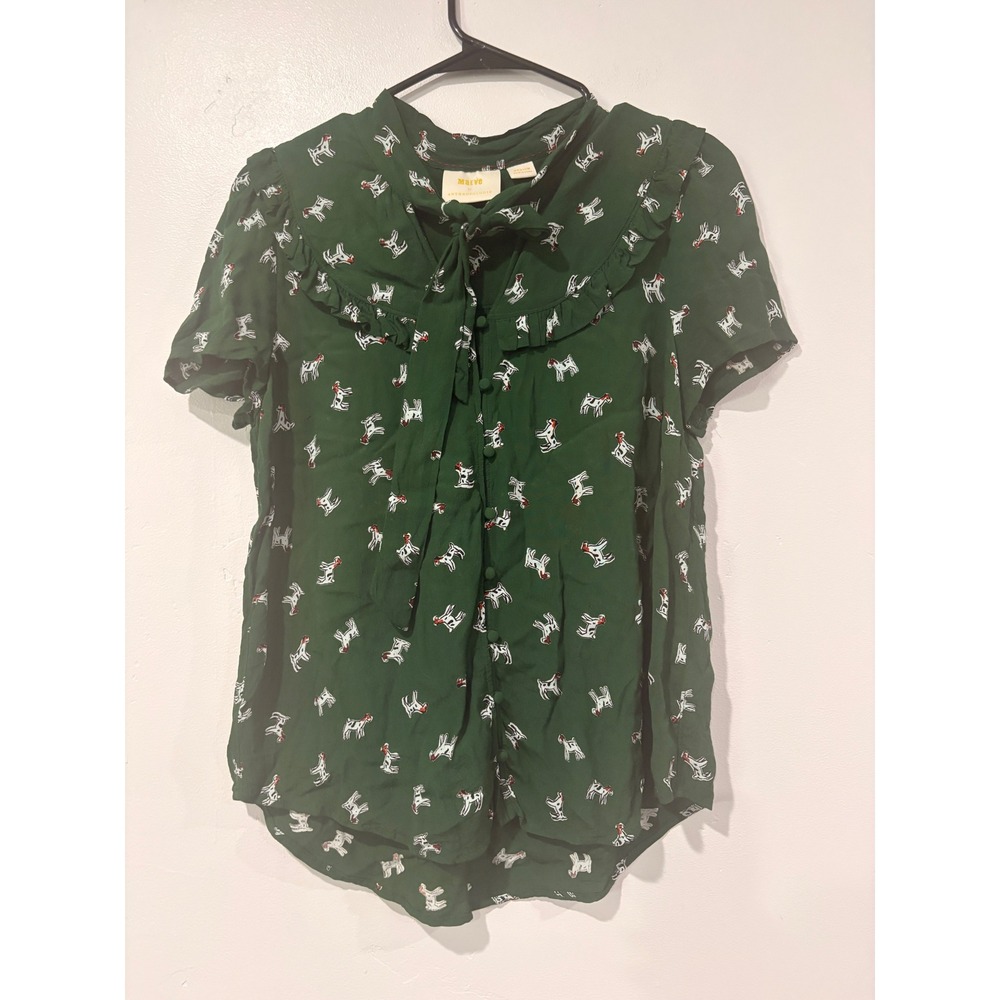 Maeve Anthropologie Green Dog Print Tie Neck Ruffle Blouse Short Sleeve Medium